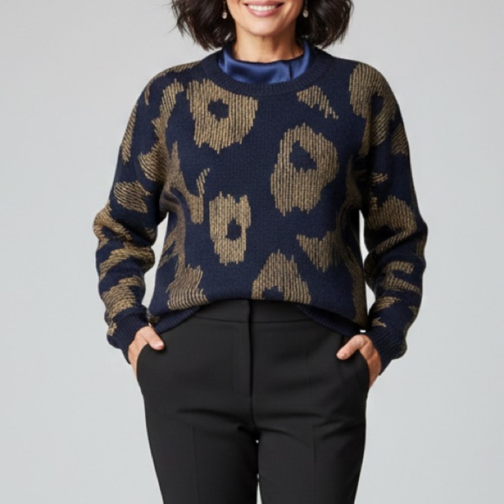 I.B Diffusion Navy and Tan Patterned Ramie Cotton Vintage Artsy Sweater